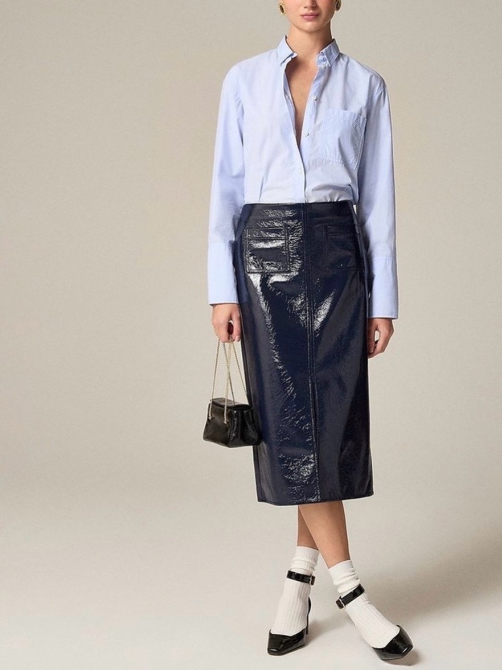 J. Crew Navy Patent Midi Pencil Skirt blue